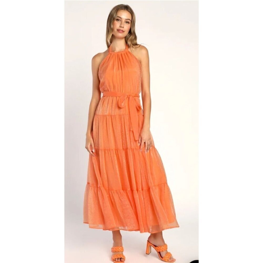 New Lulus Tiers to Style Orange Tiered Halter Maxi Dress Size L